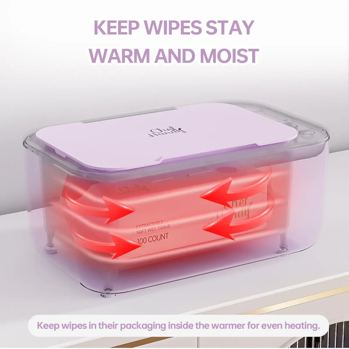 Chefhandy Large Capacity Baby Wipe Warmer with Surround Heating, Purple | 100-Wipe Capacity, 3 Temperature Settings - view 5