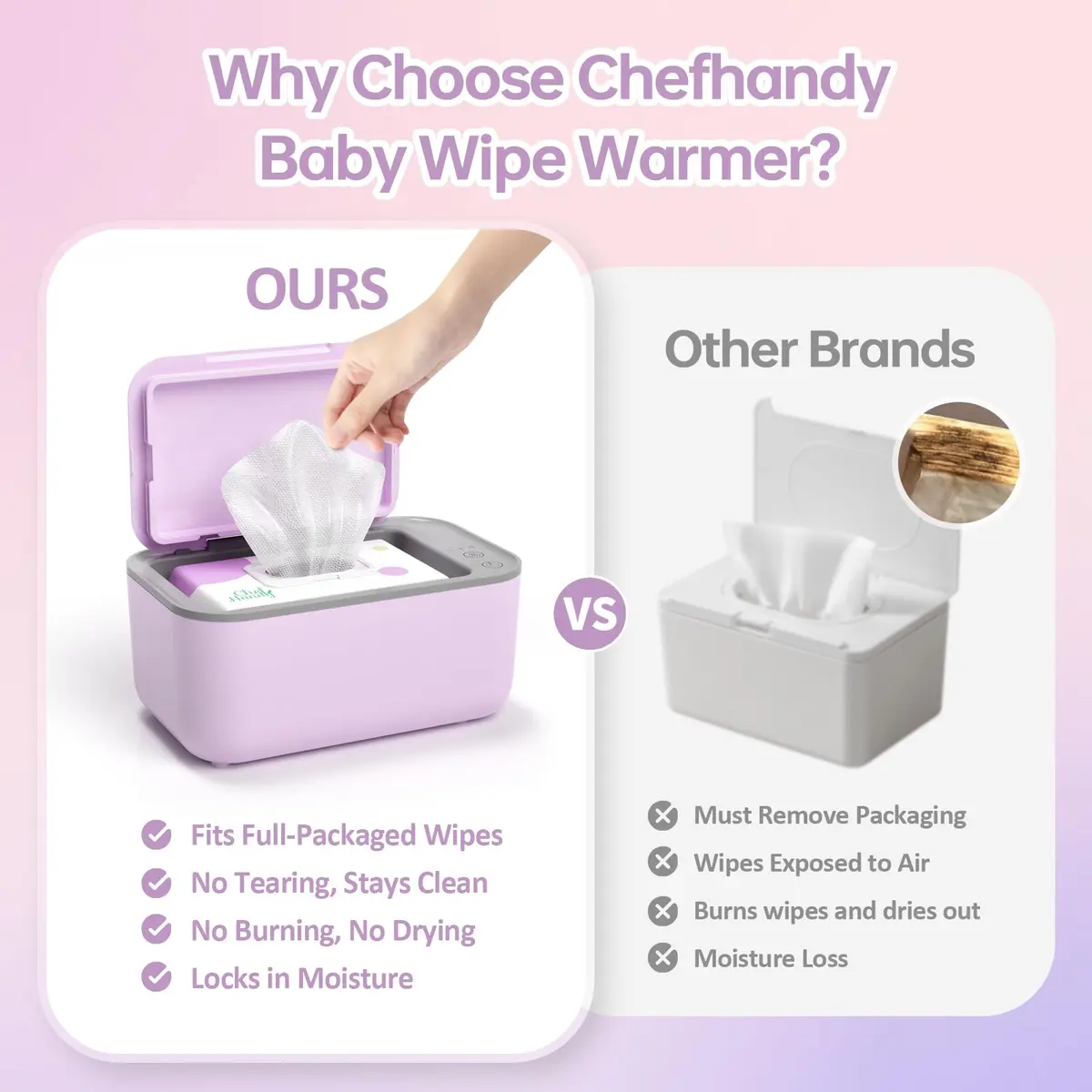 Chefhandy Large Capacity Baby Wipe Warmer with Surround Heating, Purple | 100-Wipe Capacity, 3 Temperature Settings - view 6