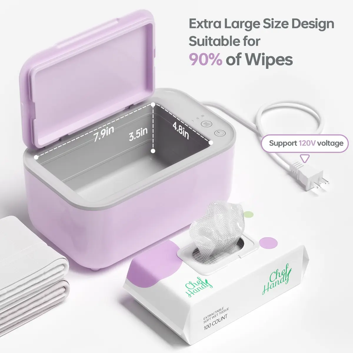 Chefhandy Large Capacity Baby Wipe Warmer with Surround Heating, Purple | 100-Wipe Capacity, 3 Temperature Settings - view 2
