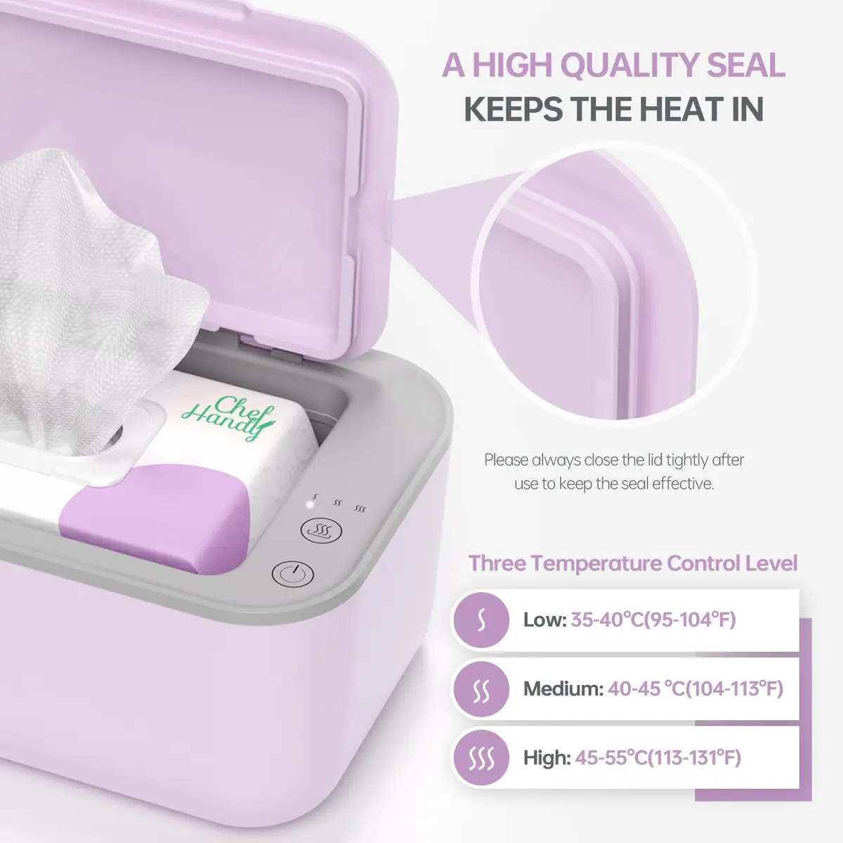 Chefhandy Large Capacity Baby Wipe Warmer with Surround Heating, Purple | 100-Wipe Capacity, 3 Temperature Settings - view 4
