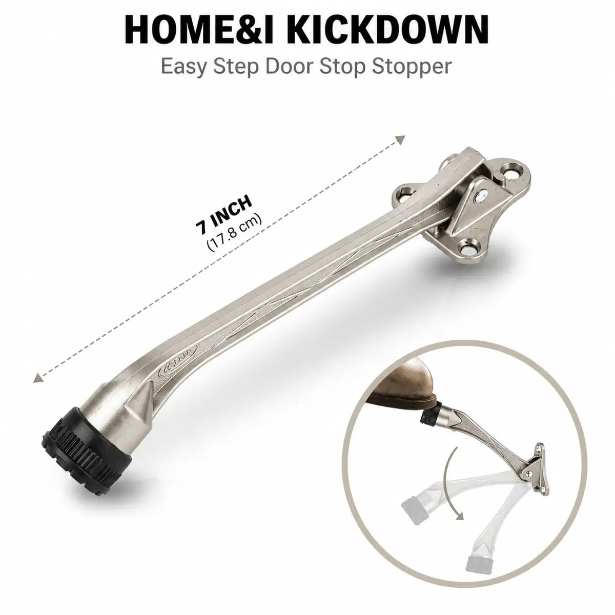 HOME&I 7-Inch Kick Down Door Stopper with Leaf Spring & Non-Slip Rubber Foot, Satin Nickel | Extended Reach Door Holder for Wood, Tile, Carpet & Concrete Floors - view 4