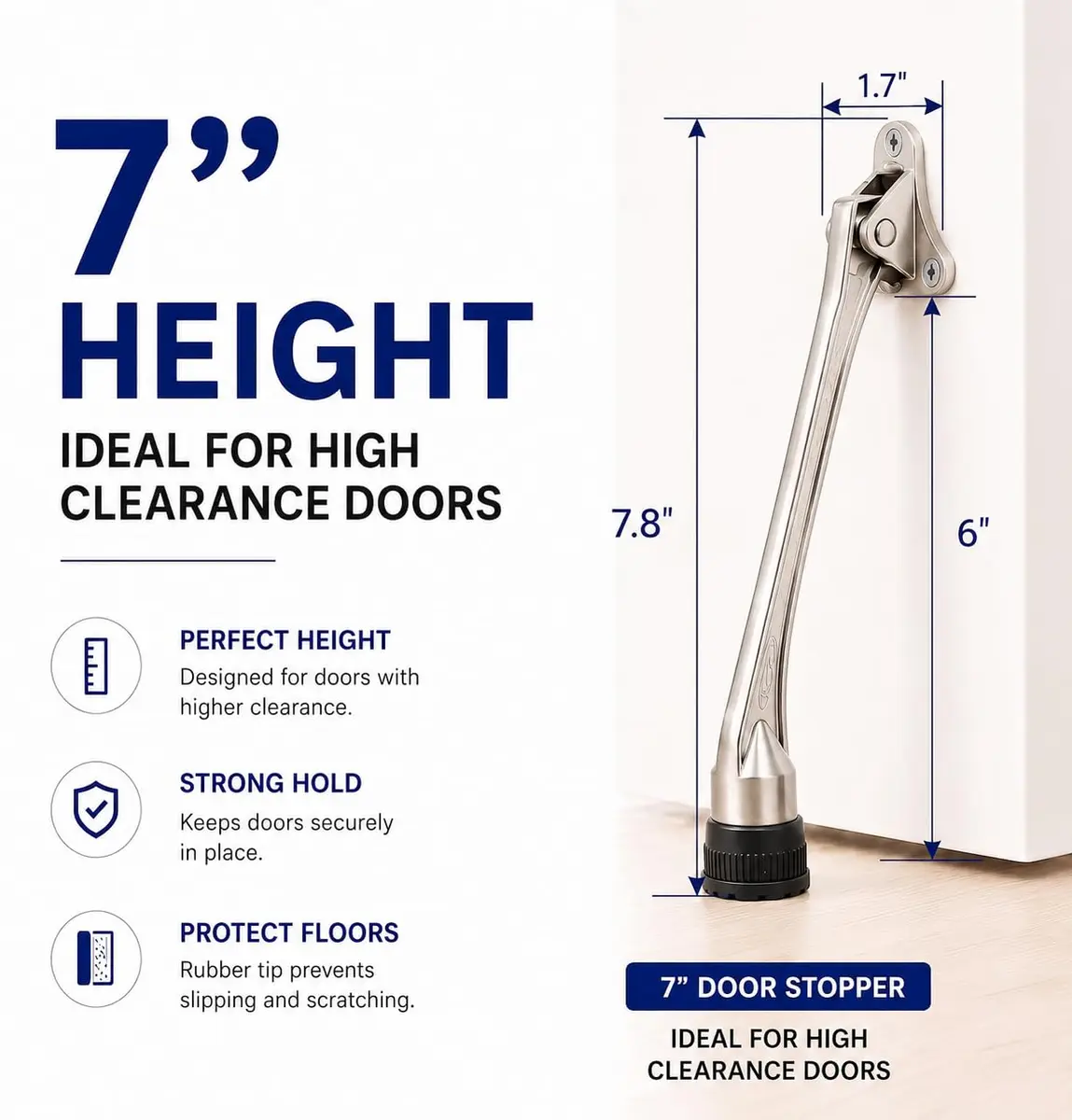 HOME&I 7-Inch Kick Down Door Stopper with Leaf Spring & Non-Slip Rubber Foot, Satin Nickel | Extended Reach Door Holder for Wood, Tile, Carpet & Concrete Floors - view 6
