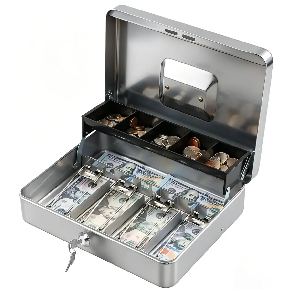 KYODOLED Locking Cash Box with Key Lock, Money Tray, 29.99cm x 24cm x 9cm | Sturdy Steel Construction for Secure Storage - main product image