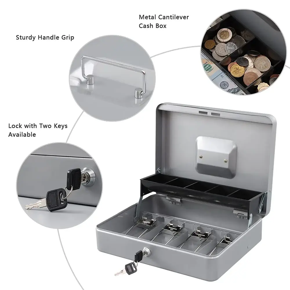 KYODOLED Locking Cash Box with Key Lock, Money Tray, 29.99cm x 24cm x 9cm | Sturdy Steel Construction for Secure Storage - view 2