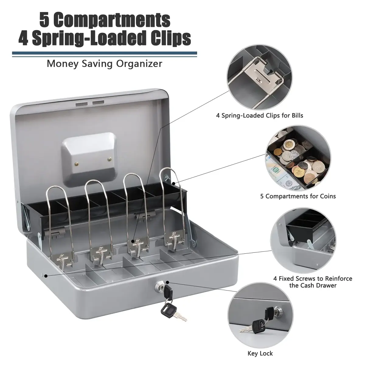 KYODOLED Locking Cash Box with Key Lock, Money Tray, 29.99cm x 24cm x 9cm | Sturdy Steel Construction for Secure Storage - view 4