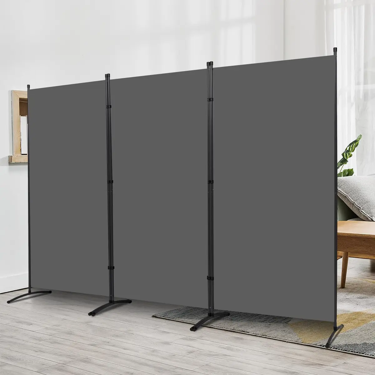 JVVMNJLK 3 Panel Folding Room Divider 102" Wx71.3" Grey | Portable Steel Privacy Screen - main product image