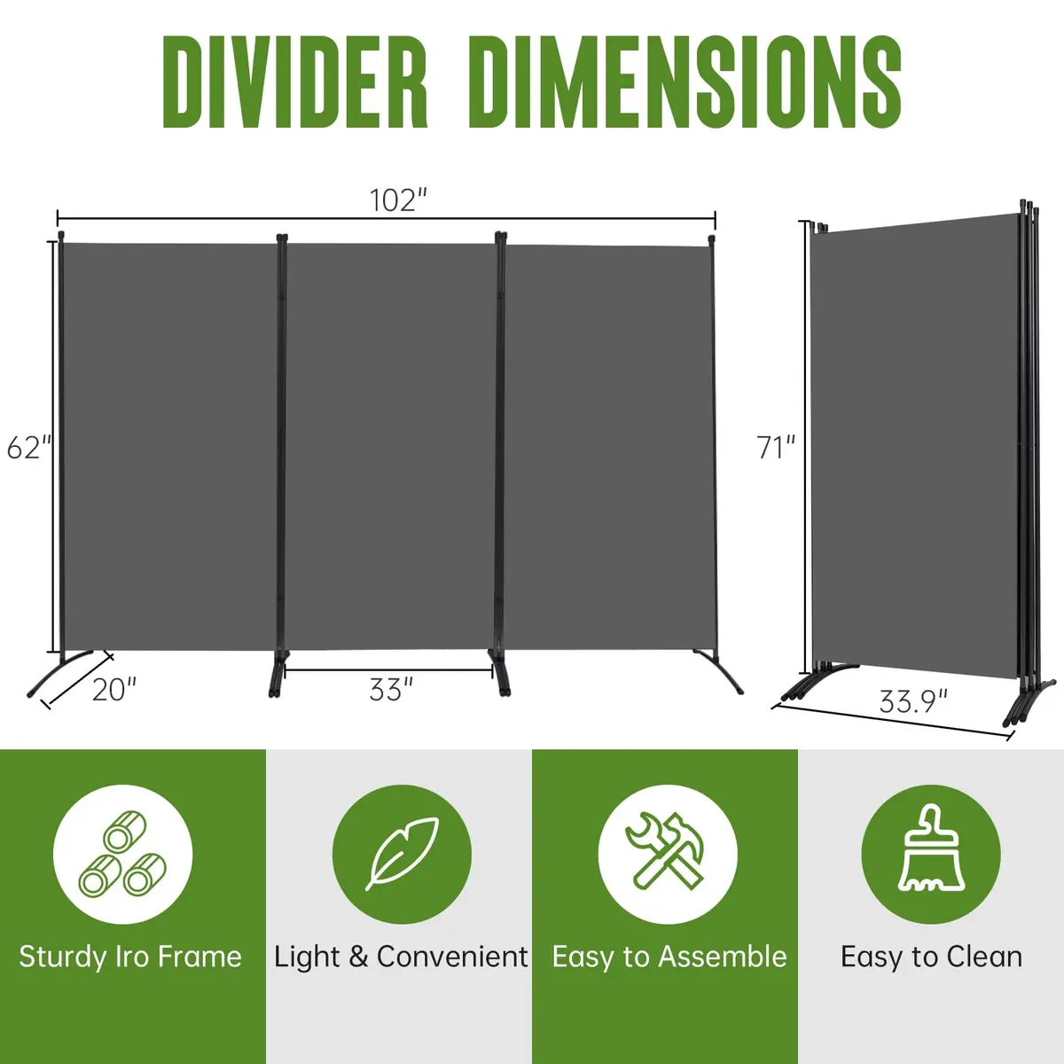JVVMNJLK 3 Panel Folding Room Divider 102" Wx71.3" Grey | Portable Steel Privacy Screen - view 6