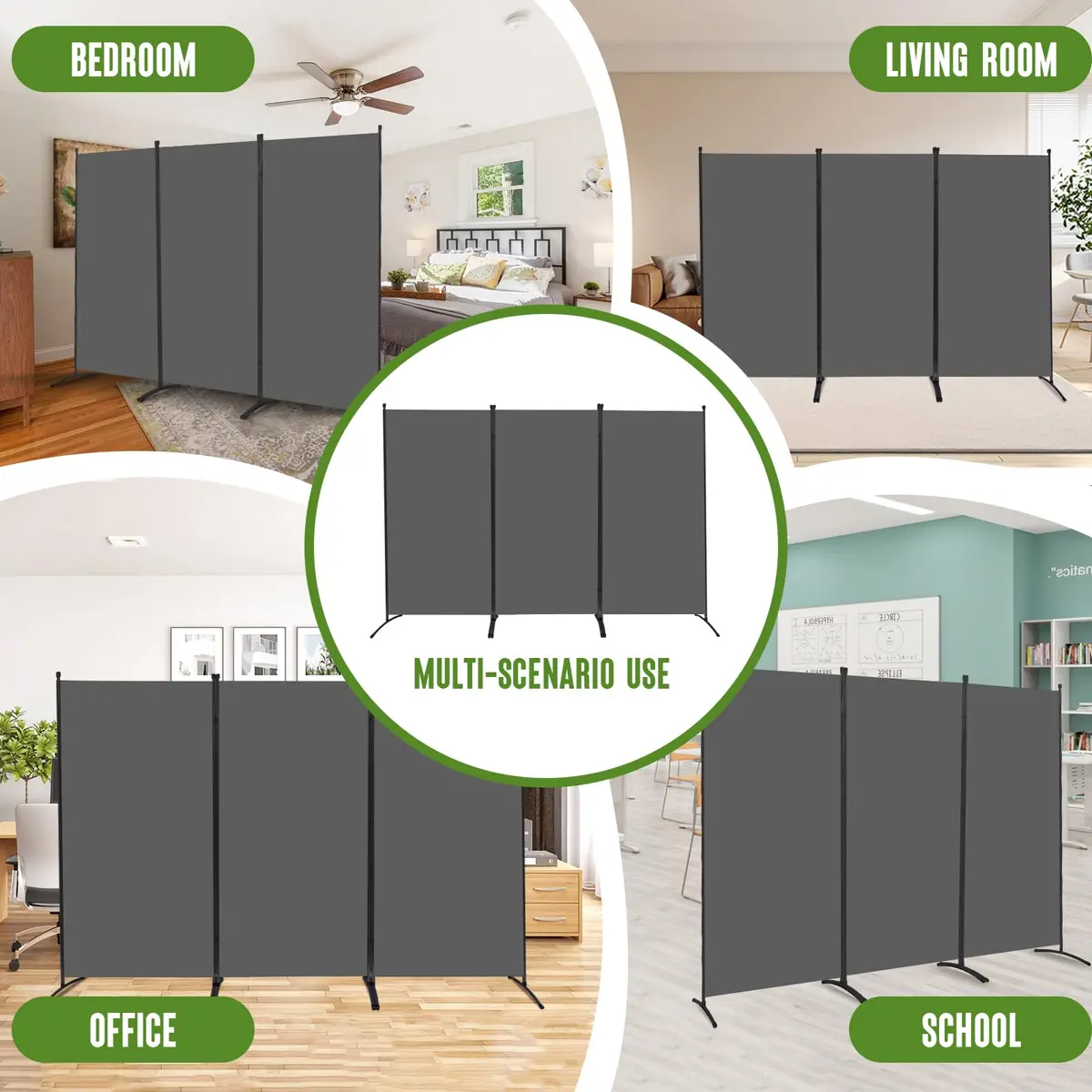 JVVMNJLK 3 Panel Folding Room Divider 102" Wx71.3" Grey | Portable Steel Privacy Screen - view 7