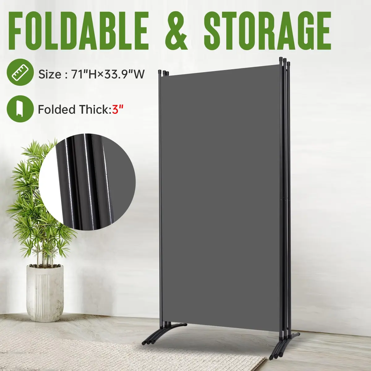 JVVMNJLK 3 Panel Folding Room Divider 102" Wx71.3" Grey | Portable Steel Privacy Screen - view 4