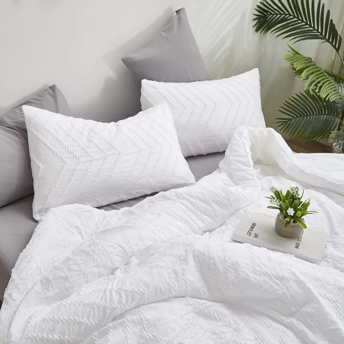 Luxlovery White Jacquard Comforter Set King | Boho Farmhouse Bedding for King Bed - view 5