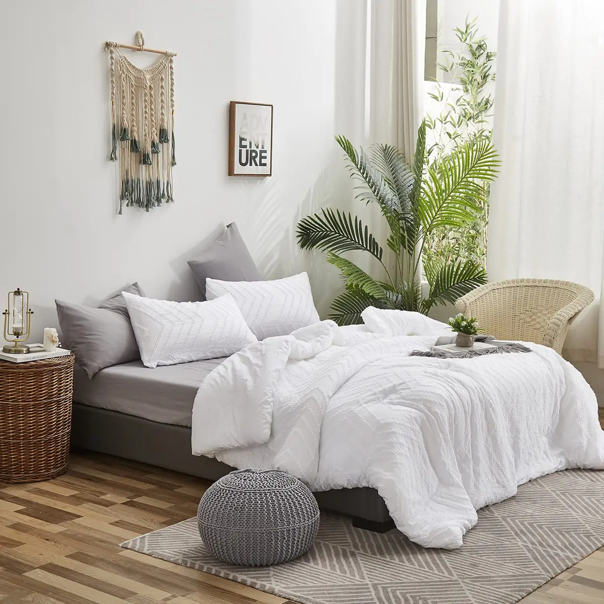 Luxlovery White Jacquard Comforter Set King | Boho Farmhouse Bedding for King Bed - view 3