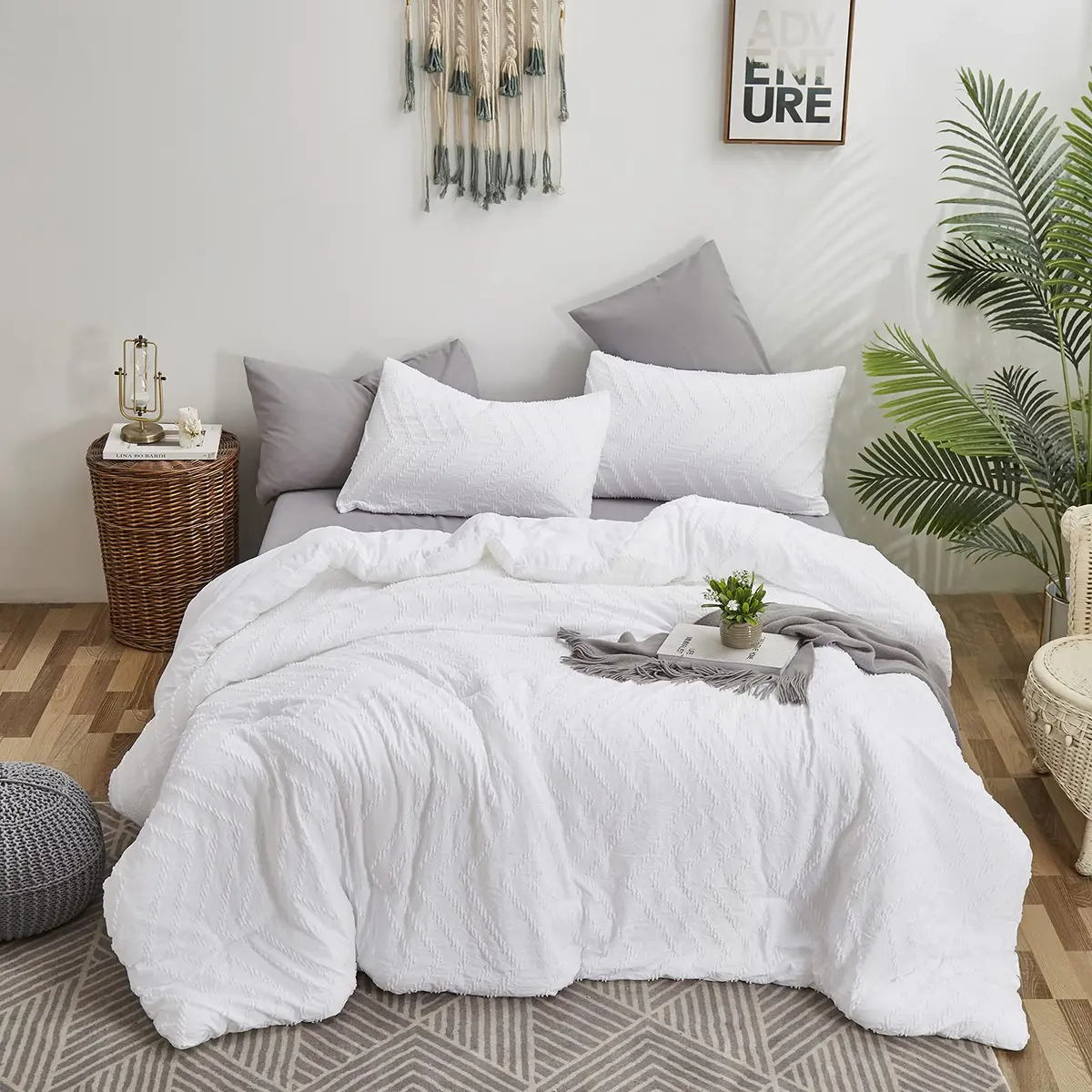 Luxlovery White Jacquard Comforter Set King | Boho Farmhouse Bedding for King Bed - view 4