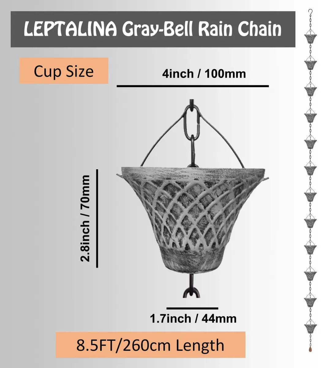 LEPTALINA Bell Iron Rain Chain 2.59m (8.5FT) with Adapter, Gray | Rust-Resistant Garden Decor - view 3