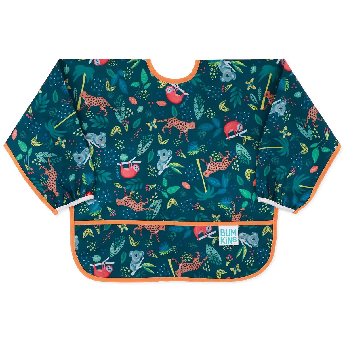Bumkins Sleeved Bib for Babies 6-24 Months | Waterproof Fabric with Crumb Catcher Pocket, Jungle Print - main product image