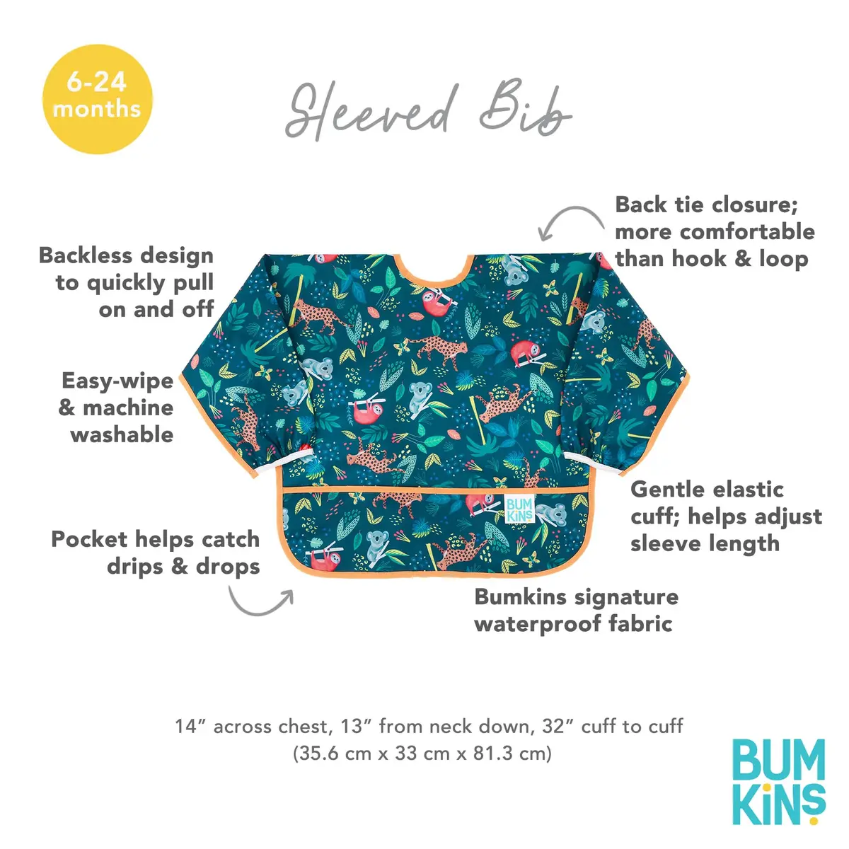 Bumkins Sleeved Bib for Babies 6-24 Months | Waterproof Fabric with Crumb Catcher Pocket, Jungle Print - view 5
