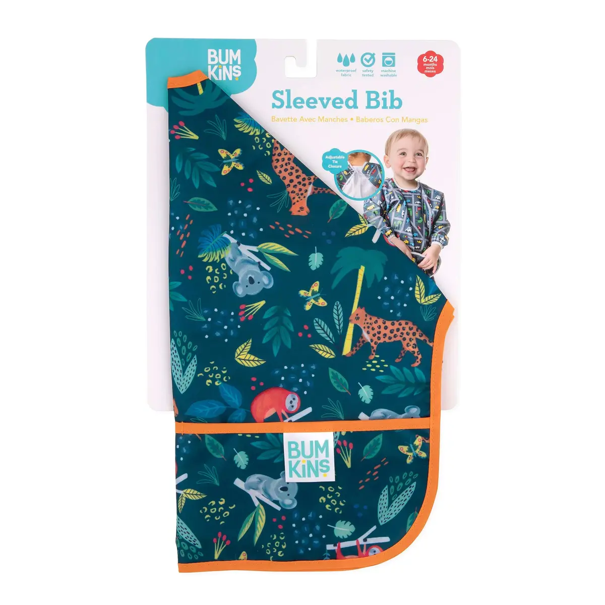 Bumkins Sleeved Bib for Babies 6-24 Months | Waterproof Fabric with Crumb Catcher Pocket, Jungle Print - view 6