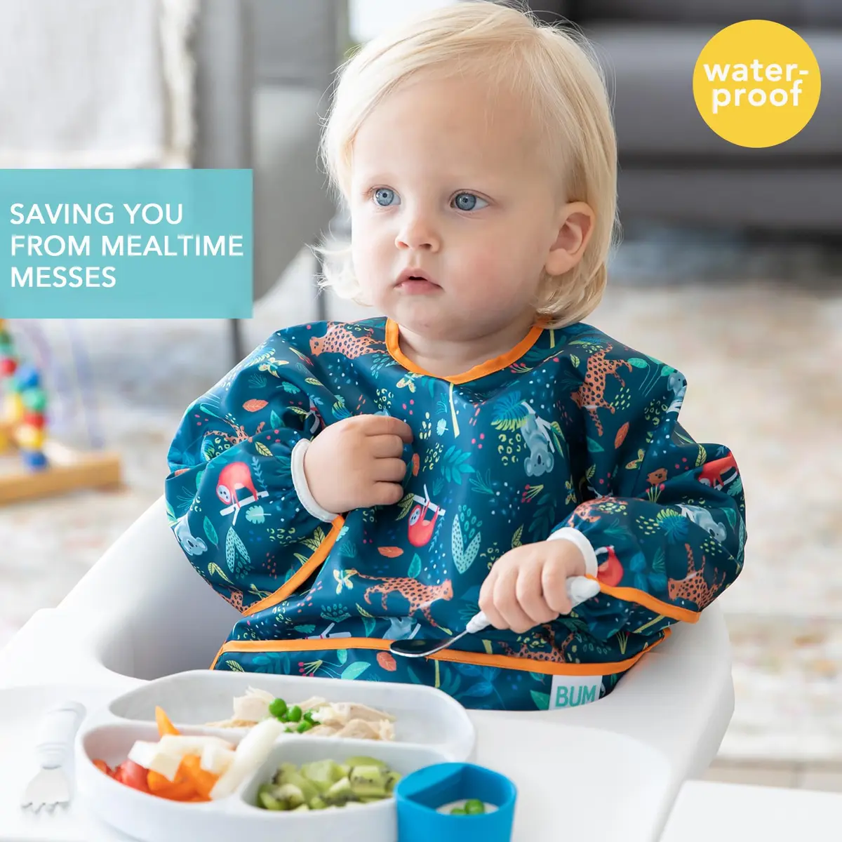 Bumkins Sleeved Bib for Babies 6-24 Months | Waterproof Fabric with Crumb Catcher Pocket, Jungle Print - view 2