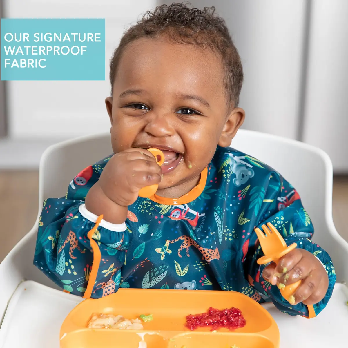 Bumkins Sleeved Bib for Babies 6-24 Months | Waterproof Fabric with Crumb Catcher Pocket, Jungle Print - view 3
