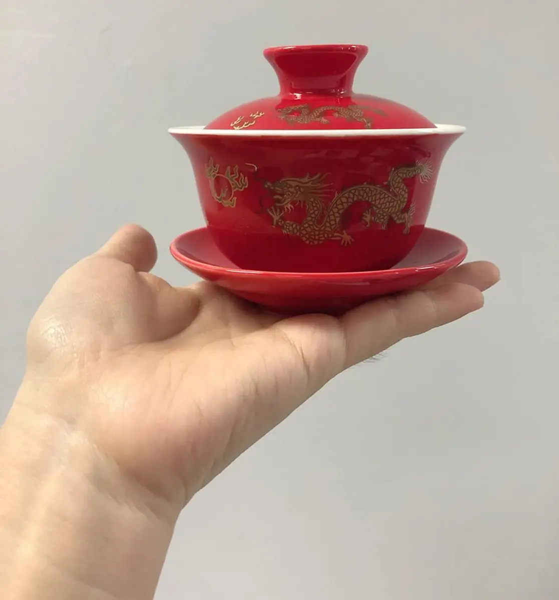 YBK Tech Ceramic Kung Fu Teacup, Chinese Gaiwan-Dragon (Red, Slightly Bigger) | Traditional Chinese Tea Cup with Lid & Saucer - view 2