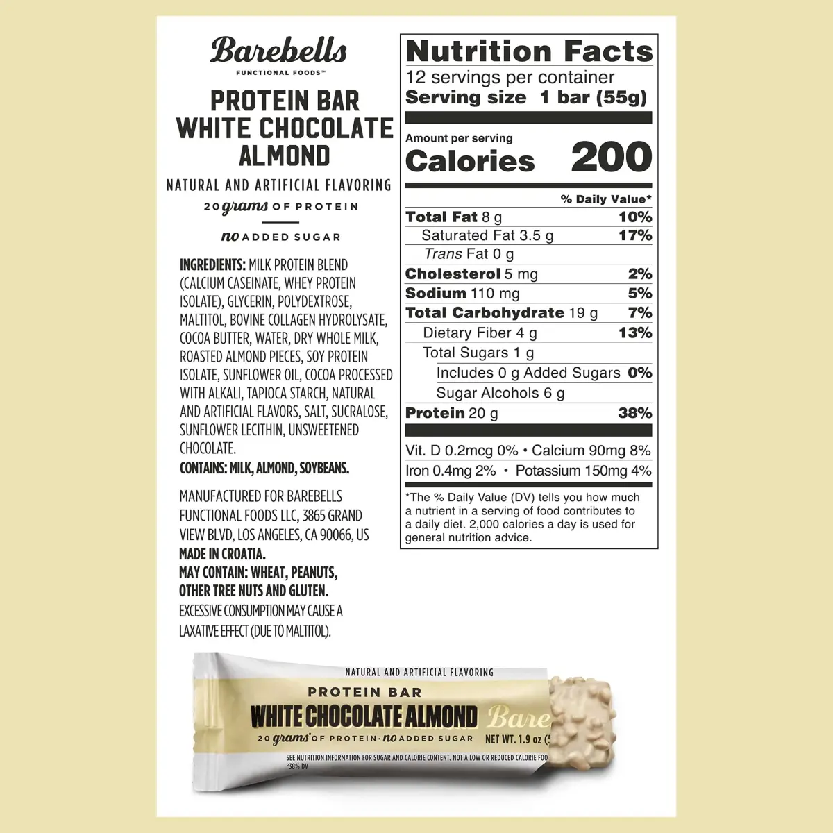 BAREBELLS White Chocolate Almond Protein Bars 24 Count | Chocolate Protein Bar - view 6