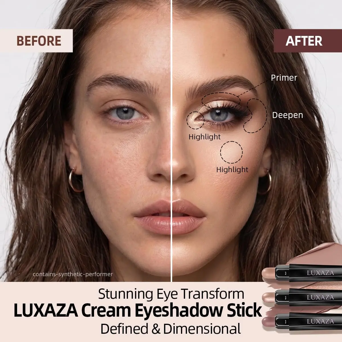 LUXAZA 3 Pcs Cream Eyeshadow Stick Set Champagne Nude Brown Neutral | Blendable Eye Makeup for Beginners - view 3