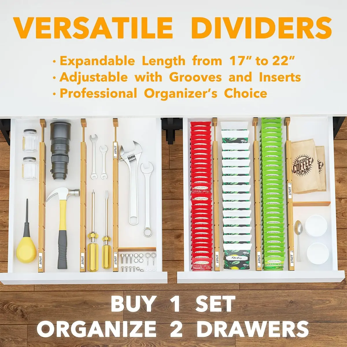 SpaceAid Bamboo Drawer Dividers with Inserts & Labels | Adjustable Expandable Organizer (17-22 in) - view 6
