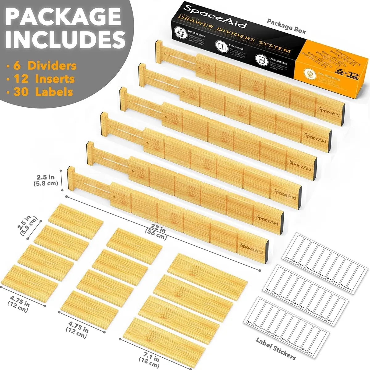 SpaceAid Bamboo Drawer Dividers with Inserts & Labels | Adjustable Expandable Organizer (17-22 in) - view 3