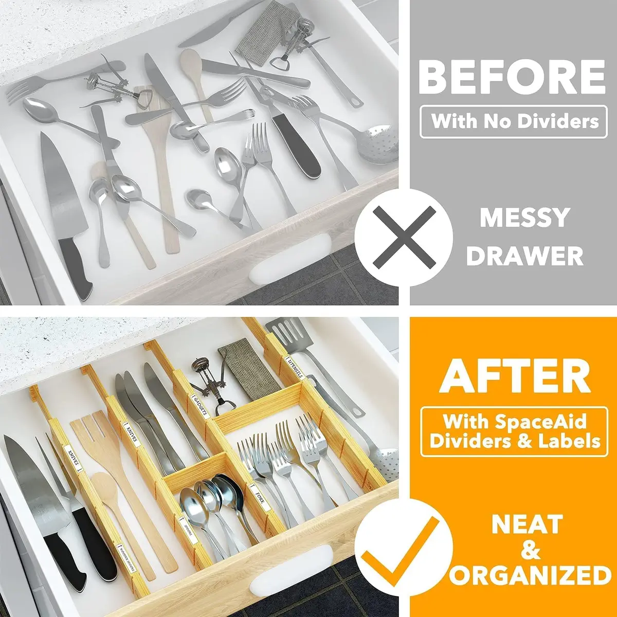 SpaceAid Bamboo Drawer Dividers with Inserts & Labels | Adjustable Expandable Organizer (17-22 in) - view 4