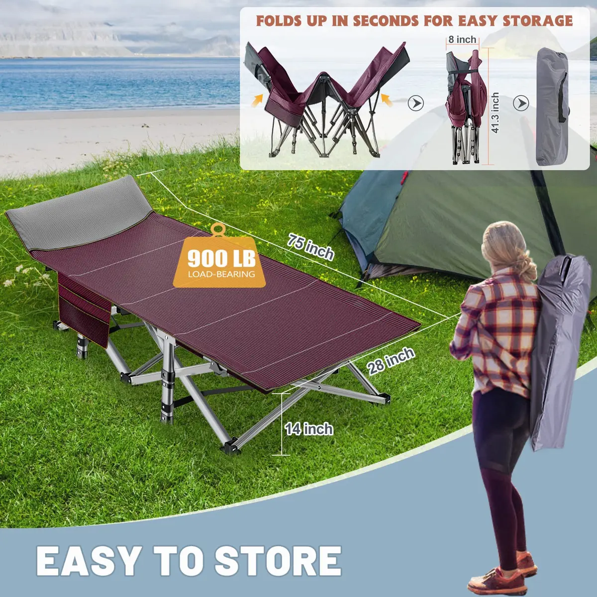Slsy Folding Camping Cot for Adults with Mat & Carry Bag, 28in Wide, 400kg (880Lbs) - view 5
