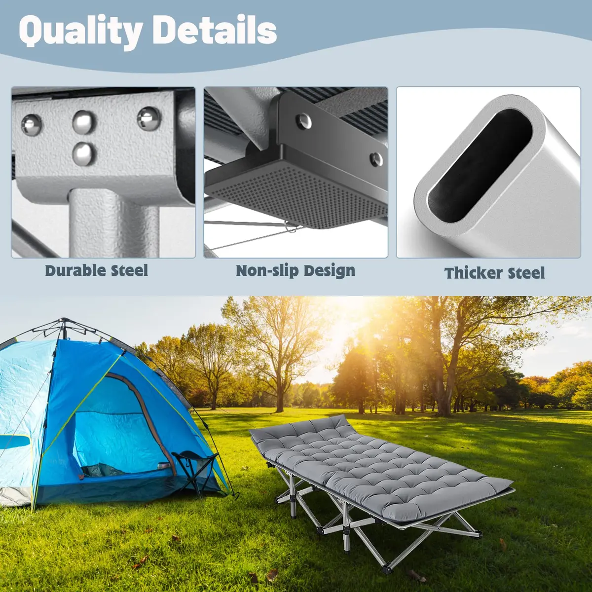 Slsy Folding Camping Cot for Adults with Mat & Carry Bag, 28in Wide, 400kg (880Lbs) - view 6