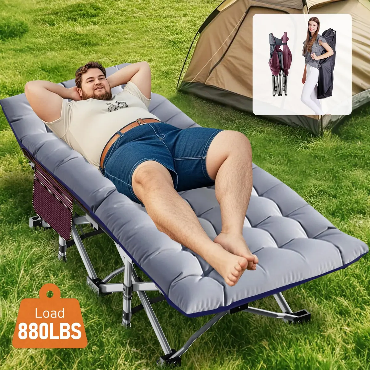 Slsy Folding Camping Cot for Adults with Mat & Carry Bag, 28in Wide, 400kg (880Lbs) - view 2