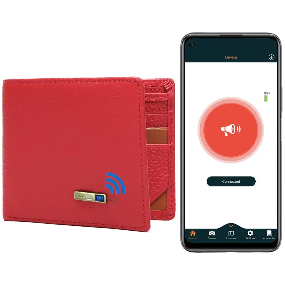 SMART LB Bluetooth Wallet Tracker & Finder with GPS Position Locator, Slim Minimalist Leather Card Holder (Red, Horizontal) - main product image
