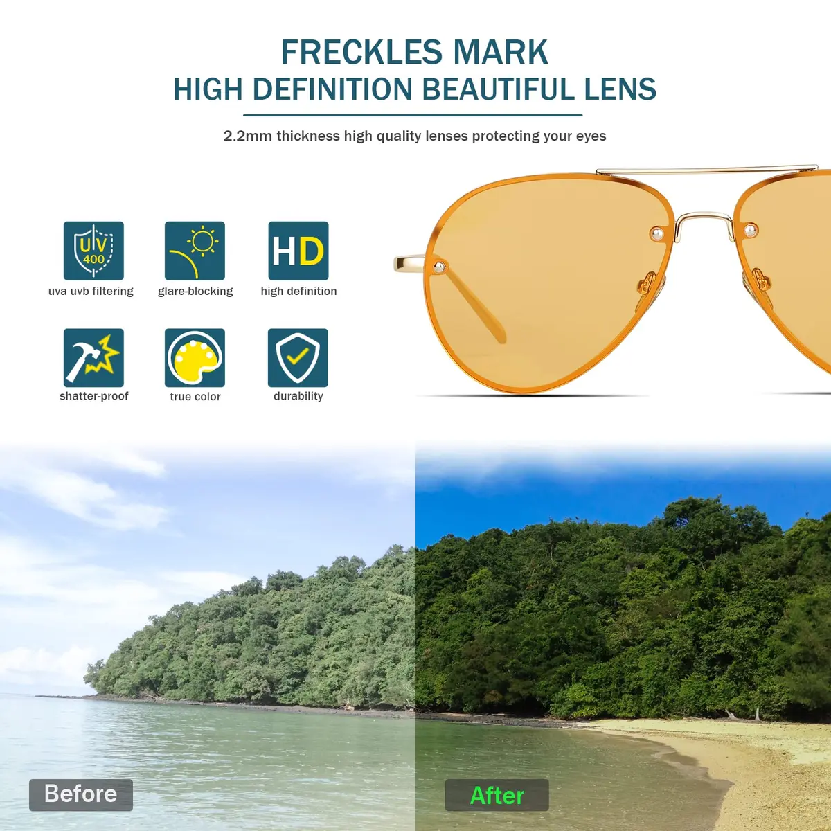 Freckles Mark Classic Oversized Aviator Sunglasses Gold Orange 62mm | UV400 Protection - view 5