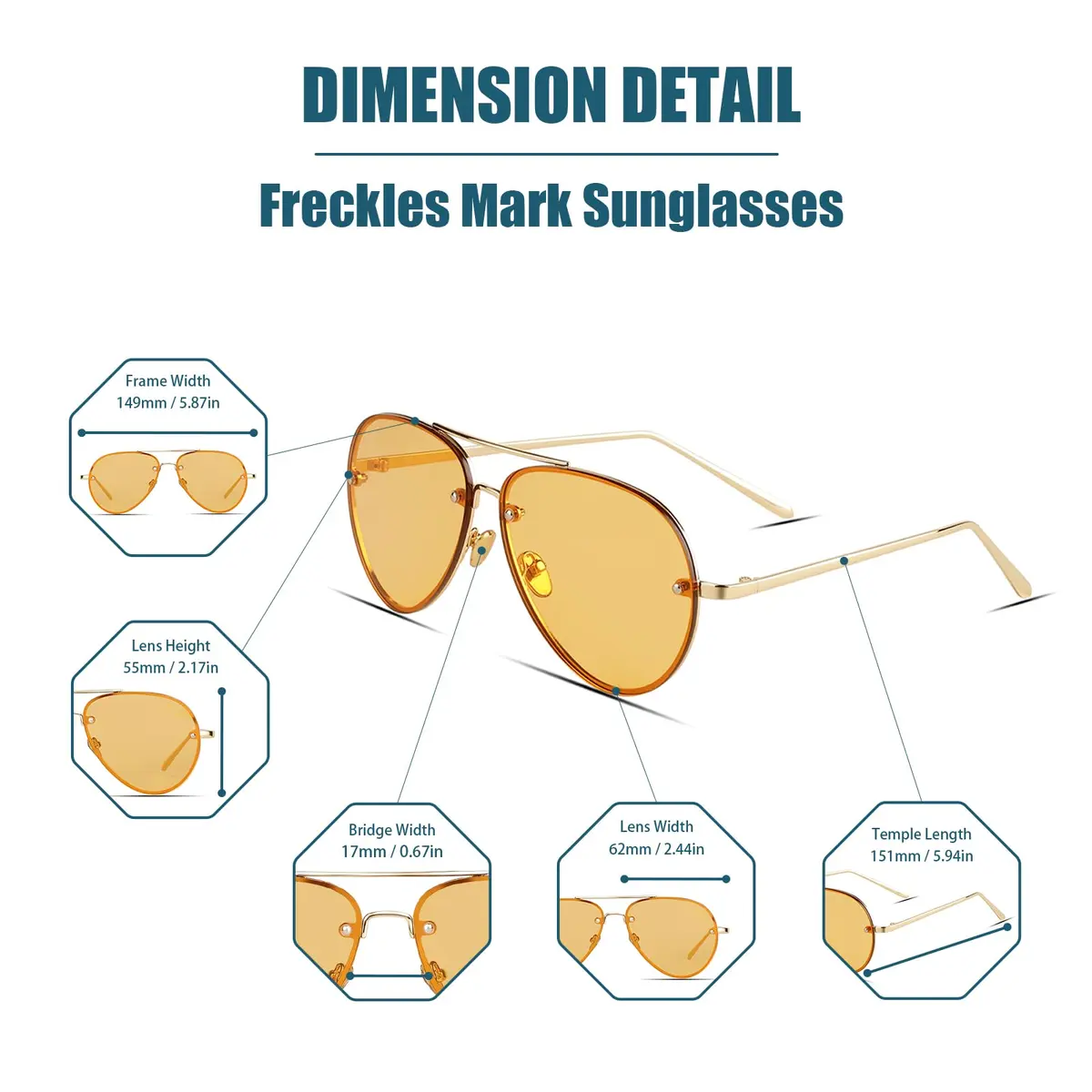 Freckles Mark Classic Oversized Aviator Sunglasses Gold Orange 62mm | UV400 Protection - view 4