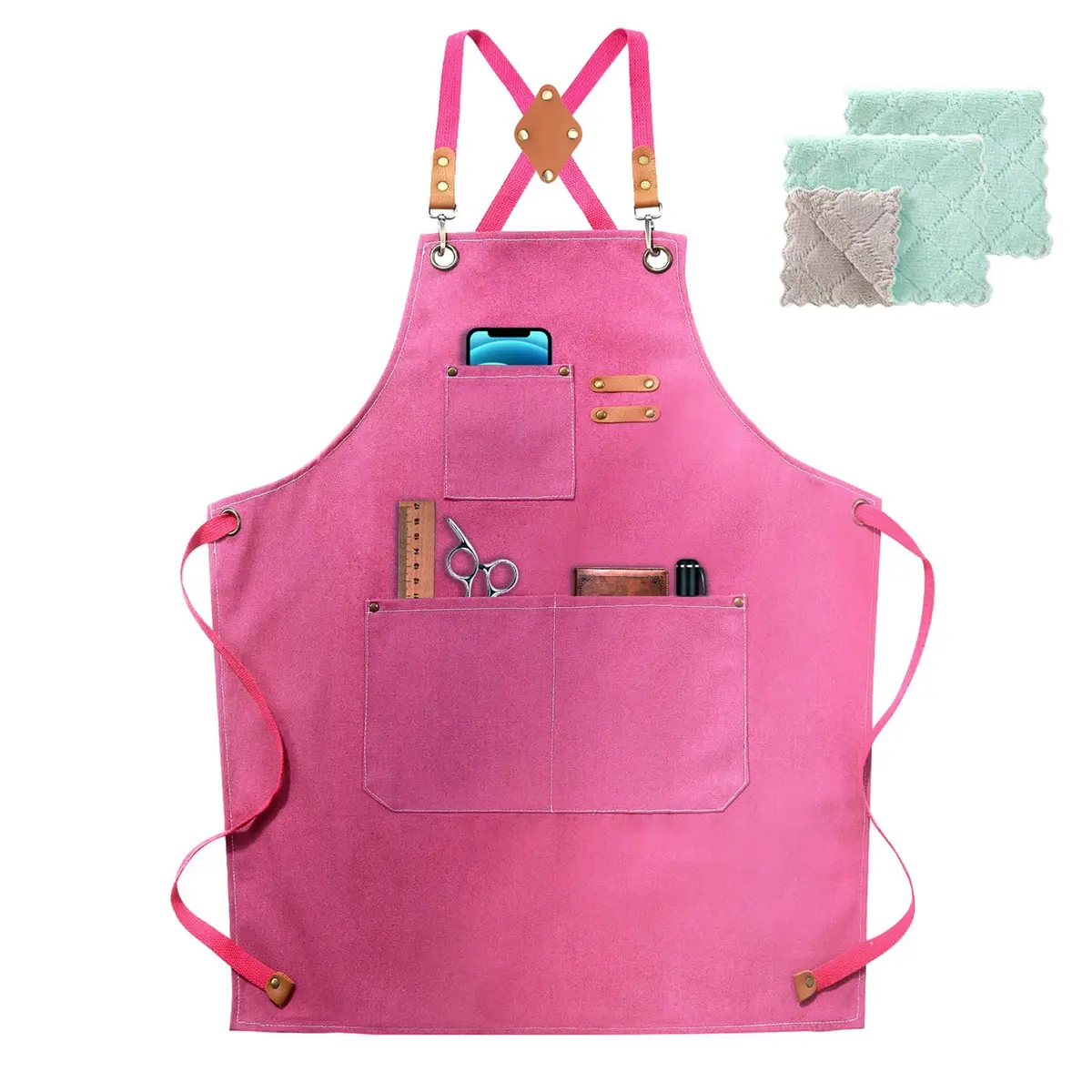 ZOMAO Apron for Women | Cotton Canvas Cross Back Apron with Pockets, Pink, Adjustable Strap (One Size) - main product image