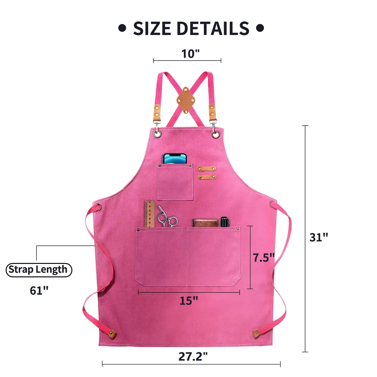 ZOMAO Apron for Women | Cotton Canvas Cross Back Apron with Pockets, Pink, Adjustable Strap (One Size) - view 5