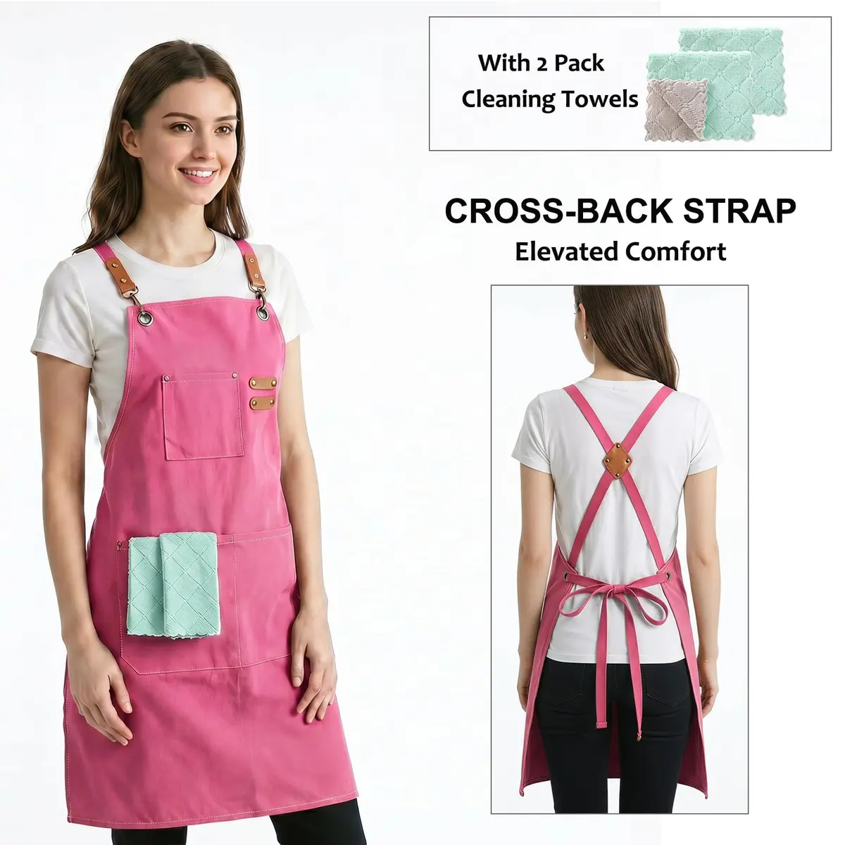 ZOMAO Apron for Women | Cotton Canvas Cross Back Apron with Pockets, Pink, Adjustable Strap (One Size) - view 2