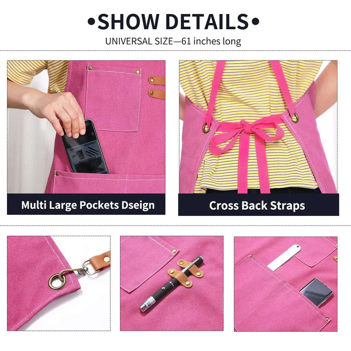 ZOMAO Apron for Women | Cotton Canvas Cross Back Apron with Pockets, Pink, Adjustable Strap (One Size) - view 4