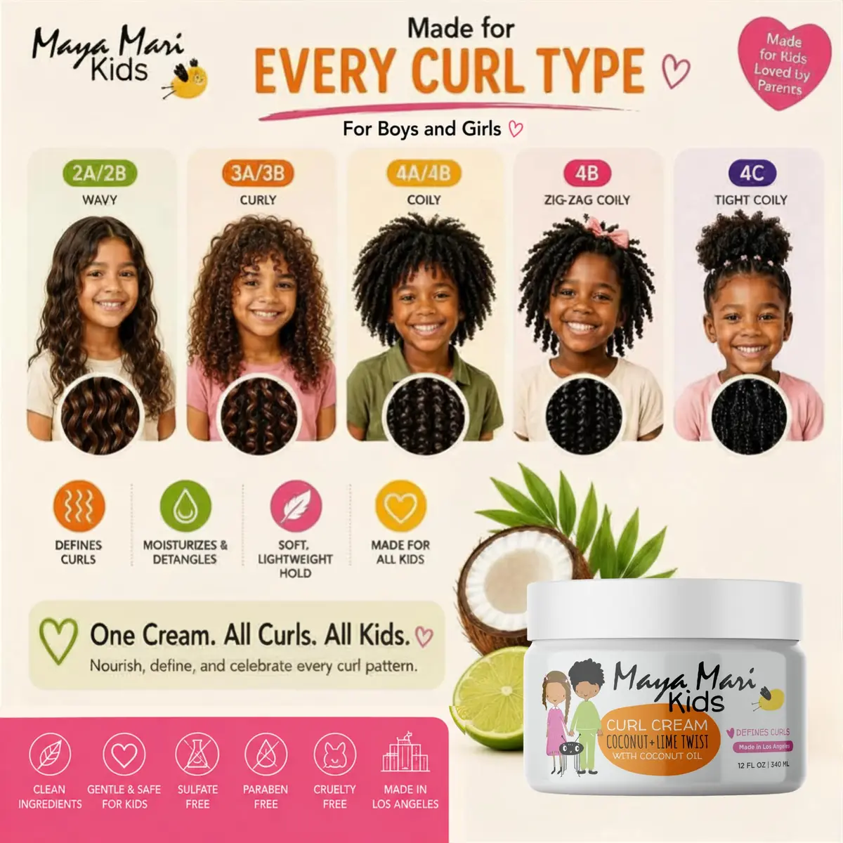 MAYA MARI Kids Curl Cream Coconut Lime Twist 355ml (12 oz) | Defines Curls, Tames Frizz, Kid-Safe Formula - view 2