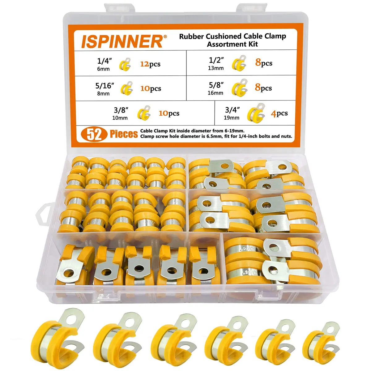 ISPINNER 52pcs Cable Clamps Assortment Kit, 304 Stainless Steel Rubber Cushion Pipe Clamps in 6 Sizes 1/4" 5/16" 3/8" 1/2" 5/8" 3/4" (Yellow) | Heavy-Duty Pipe & Cable Holders - main product image