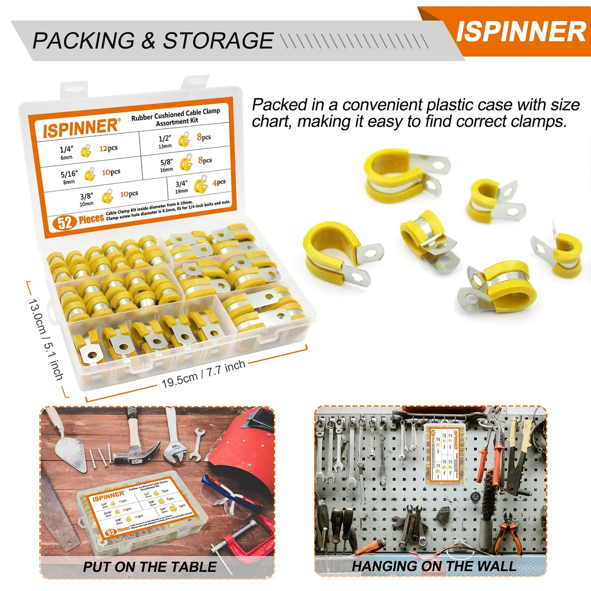ISPINNER 52pcs Cable Clamps Assortment Kit, 304 Stainless Steel Rubber Cushion Pipe Clamps in 6 Sizes 1/4" 5/16" 3/8" 1/2" 5/8" 3/4" (Yellow) | Heavy-Duty Pipe & Cable Holders - view 5