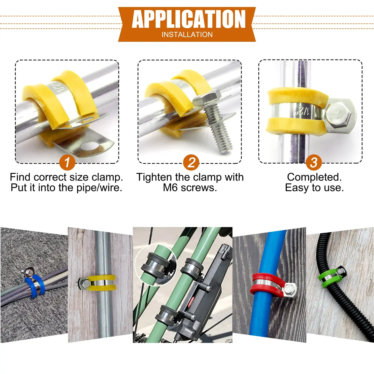 ISPINNER 52pcs Cable Clamps Assortment Kit, 304 Stainless Steel Rubber Cushion Pipe Clamps in 6 Sizes 1/4" 5/16" 3/8" 1/2" 5/8" 3/4" (Yellow) | Heavy-Duty Pipe & Cable Holders - view 6