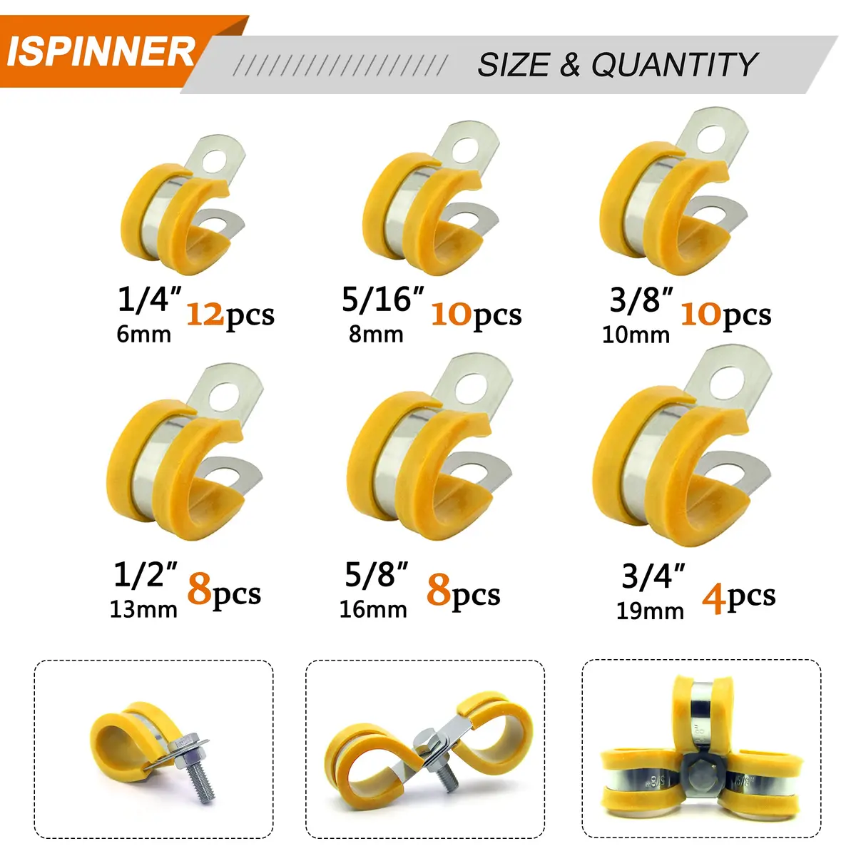 ISPINNER 52pcs Cable Clamps Assortment Kit, 304 Stainless Steel Rubber Cushion Pipe Clamps in 6 Sizes 1/4" 5/16" 3/8" 1/2" 5/8" 3/4" (Yellow) | Heavy-Duty Pipe & Cable Holders - view 2