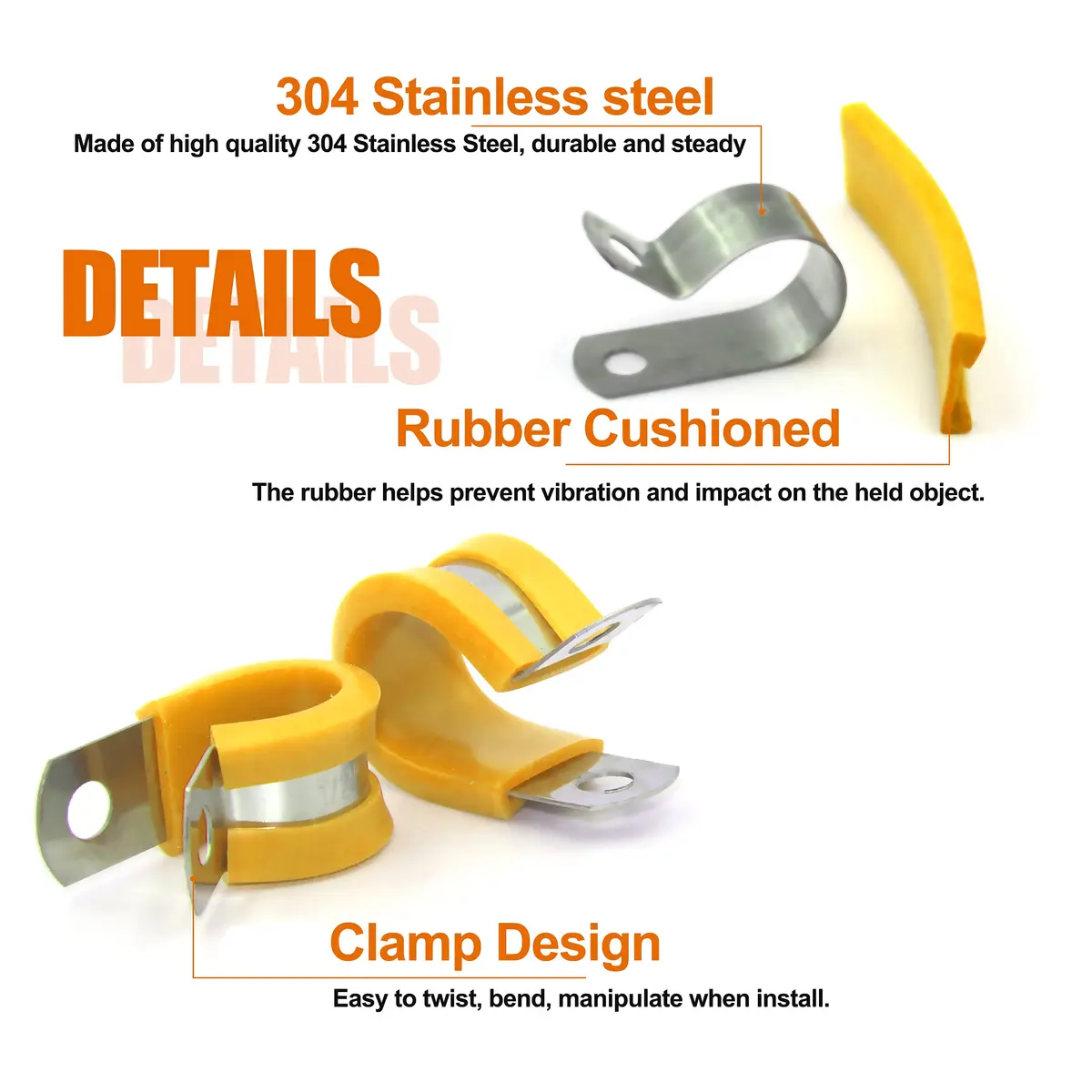 ISPINNER 52pcs Cable Clamps Assortment Kit, 304 Stainless Steel Rubber Cushion Pipe Clamps in 6 Sizes 1/4" 5/16" 3/8" 1/2" 5/8" 3/4" (Yellow) | Heavy-Duty Pipe & Cable Holders - view 3