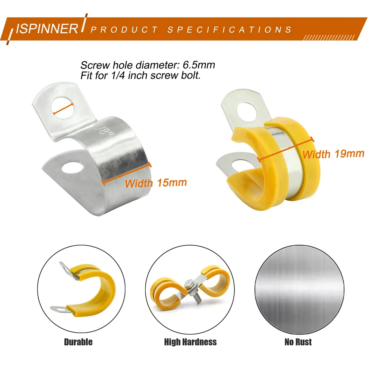 ISPINNER 52pcs Cable Clamps Assortment Kit, 304 Stainless Steel Rubber Cushion Pipe Clamps in 6 Sizes 1/4" 5/16" 3/8" 1/2" 5/8" 3/4" (Yellow) | Heavy-Duty Pipe & Cable Holders - view 4