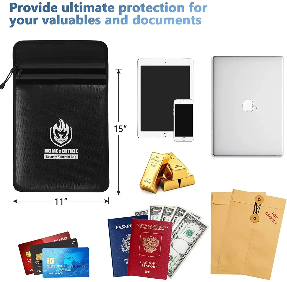 andyer 2 Pockets Fireproof Document Bag 38cm x 28cm (15"x11") | UL Certified Fire & Water Resistant - view 6