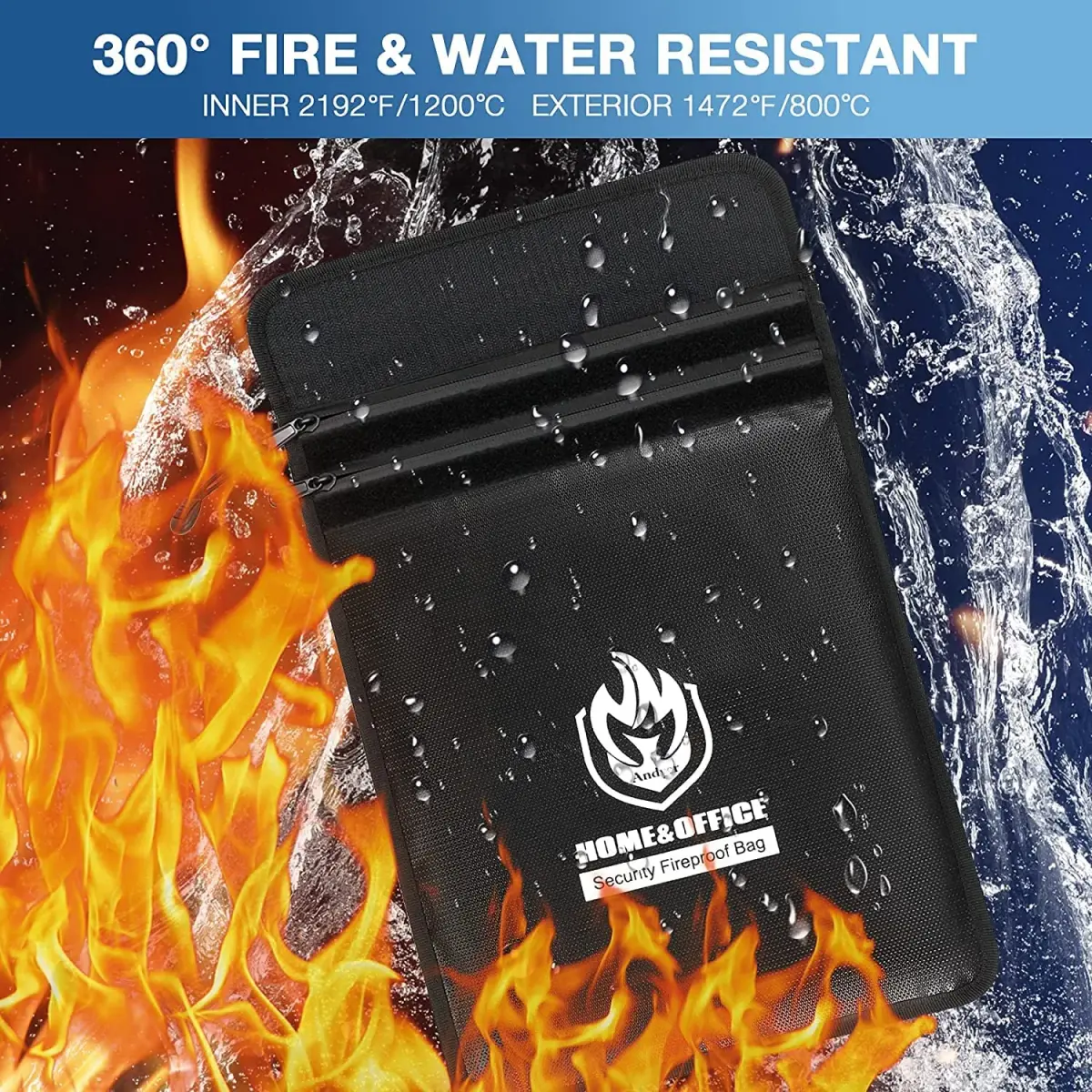 andyer 2 Pockets Fireproof Document Bag 38cm x 28cm (15"x11") | UL Certified Fire & Water Resistant - view 2