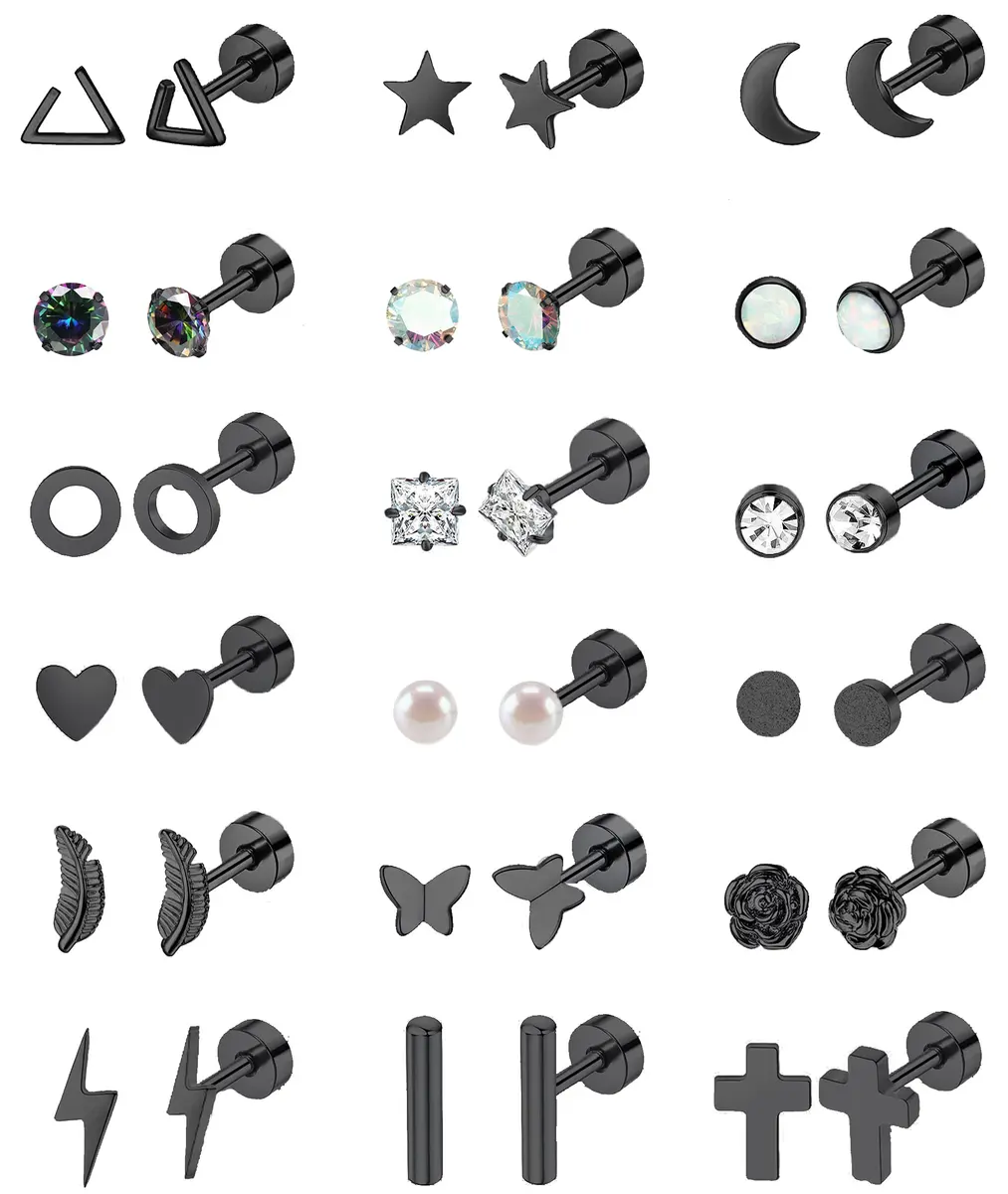 Staligue Hypoallergenic Flat Back Earrings Set – Surgical Steel, 18 Pairs, 20G, Nickel-Free, Geometric & CZ Styles - main product image