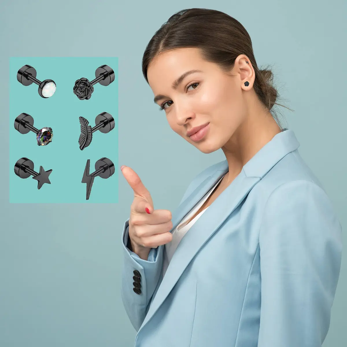 Staligue Hypoallergenic Flat Back Earrings Set – Surgical Steel, 18 Pairs, 20G, Nickel-Free, Geometric & CZ Styles - view 6