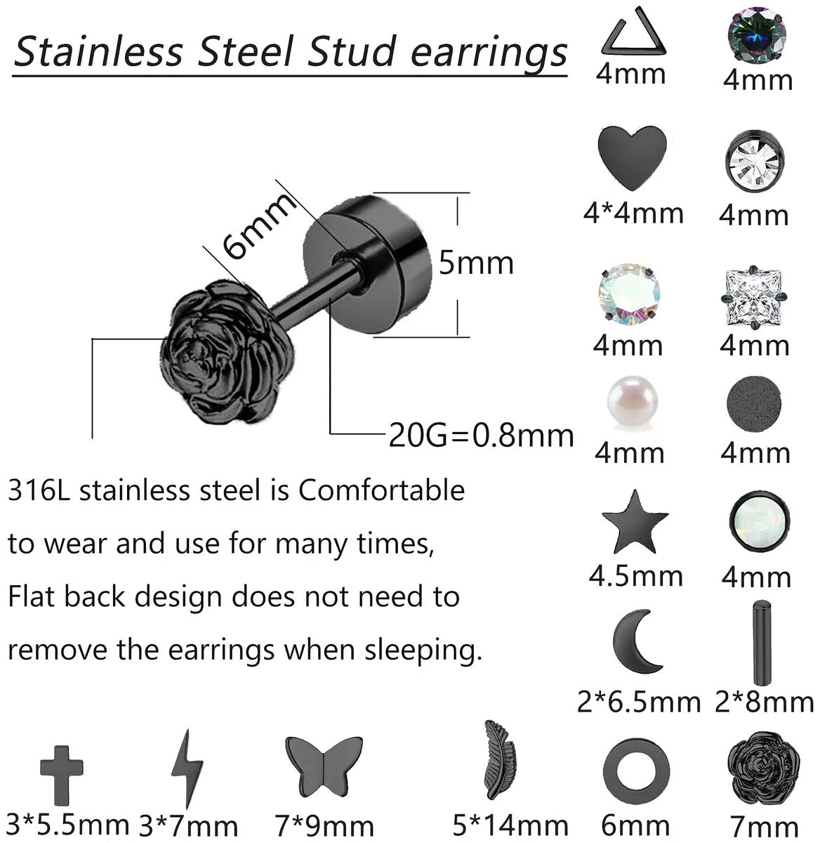 Staligue Hypoallergenic Flat Back Earrings Set – Surgical Steel, 18 Pairs, 20G, Nickel-Free, Geometric & CZ Styles - view 2
